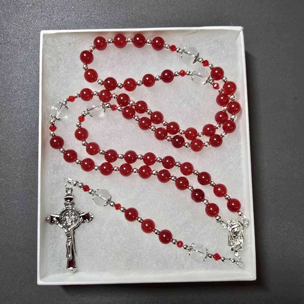 Large One Of A Kind Hand Crafted Rosary Made With Natural Red Jade And Quartz